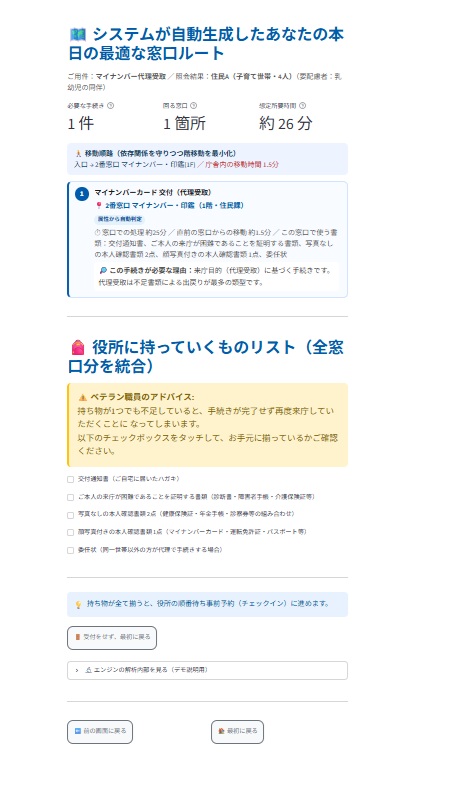 自動生成された窓口ルートの画面。回る窓口と所要時間、持ち物チェックリストが表示されている